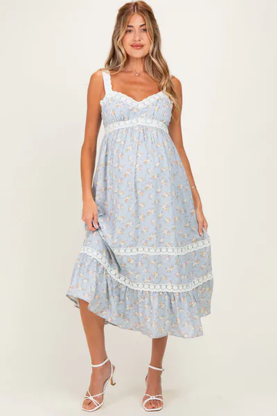 PinkBlush Vintage Blue Lace Floral Tie Back Maternity Midi Dress