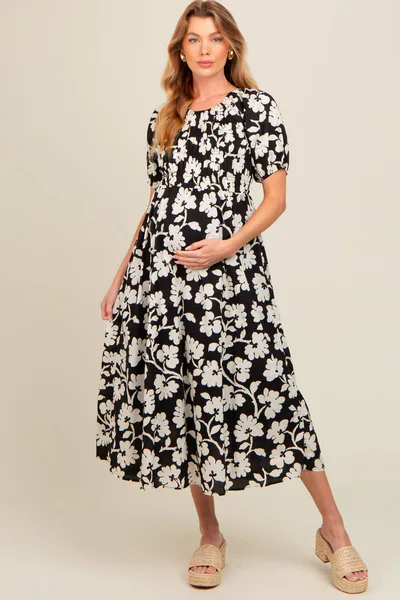 PinkBlush Black Floral Smocked Maternity Midi Dress