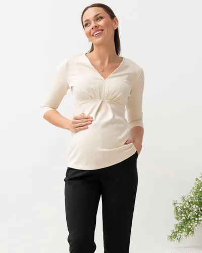 Angel Maternity Jenni Half Sleeve Maternity V-Neck Work Top in Apricot