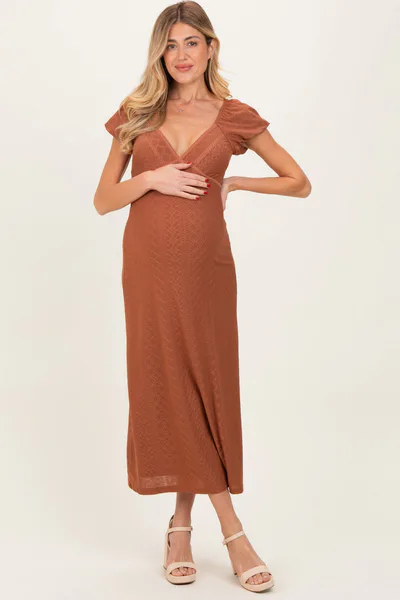 PinkBlush Rust Floral Chiffon Maternity Midi Dress