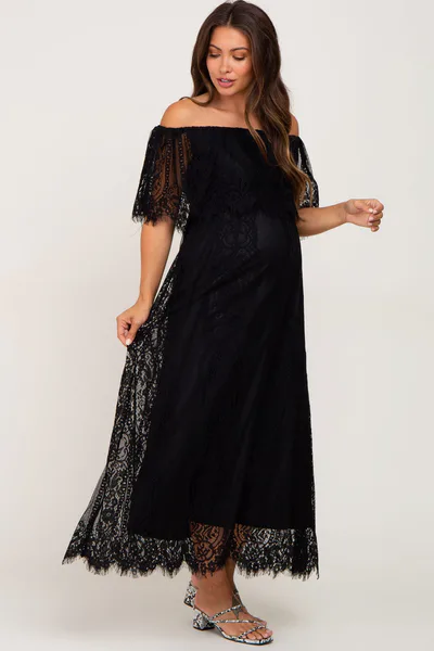PinkBlush Black Lace Off Shoulder Maternity Maxi Dress