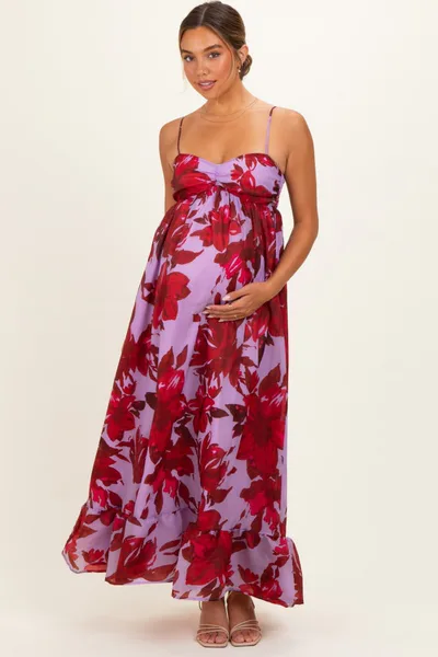 PinkBlush Lavender Floral Ruffle Hem Maternity Maxi Dress