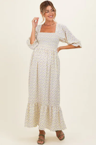 PinkBlush Cream Floral 3/4 Sleeve Maternity Maxi Dress