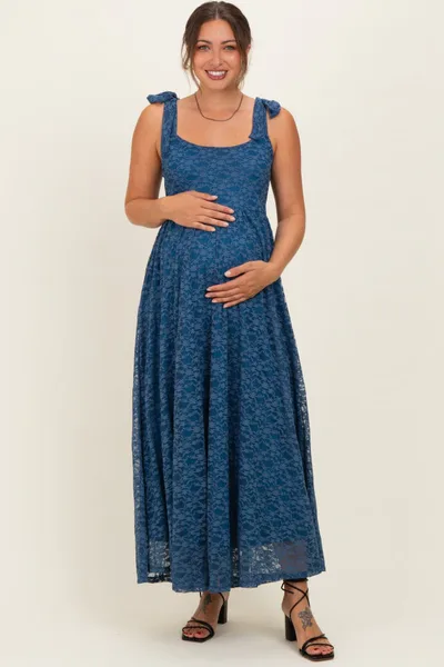 PinkBlush Blue Sleeveless Lace Maternity Maxi Dress