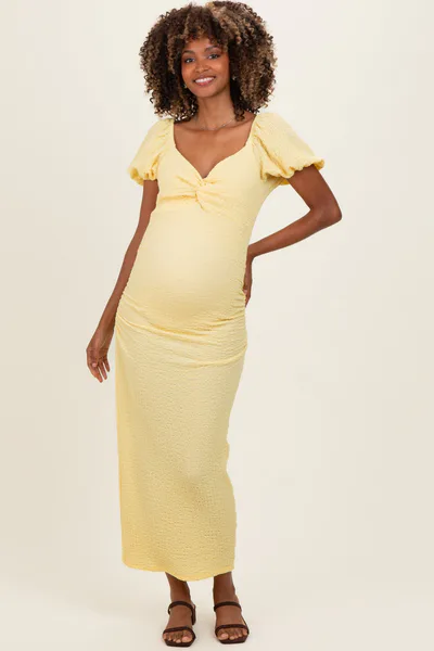 PinkBlush Yellow Knit Twisted Bust Short Sleeve Maternity Midi Dress