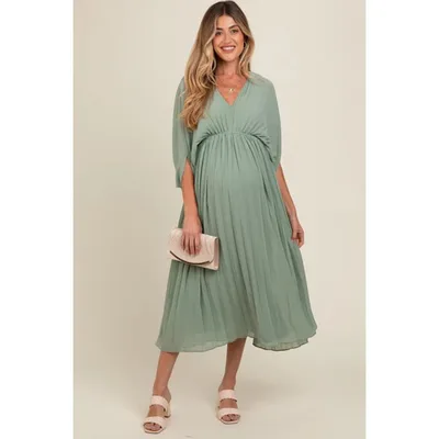 Target PinkBlush Light Olive Pleated V Neck Maternity Maxi Dress Light Olive Large