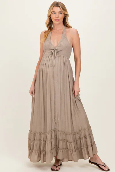 PinkBlush Taupe Halter Neck Smocked Maternity Maxi Dress