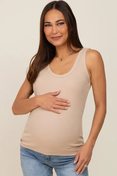 PinkBlush Beige Ribbed Basic Maternity Tank