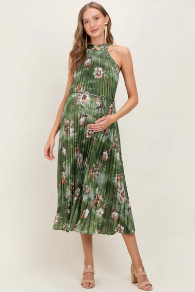 PinkBlush Olive Floral Pleated Halter Maternity Midi Dress