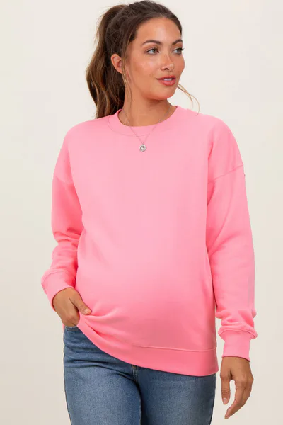 PinkBlush Pink Fleece Crew Neck Relaxed Fit Maternity Sweatshirt