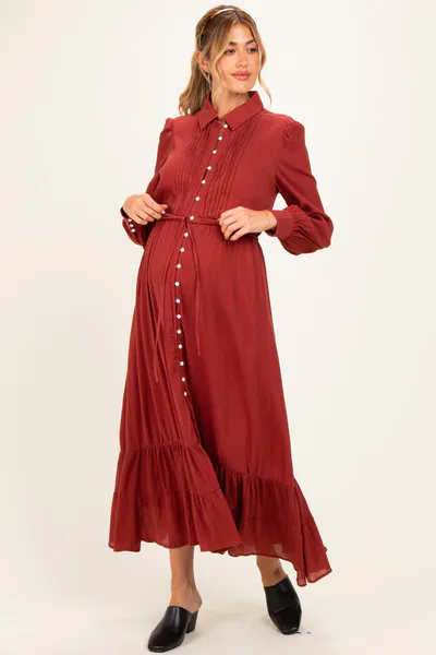 PinkBlush Terracotta Pleated Front Button Down Maternity Maxi Dress
