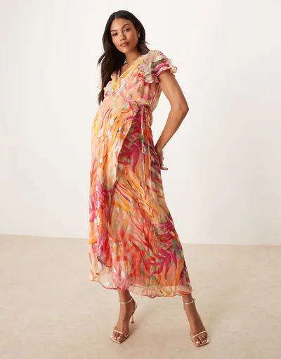 ASOS Hope & Ivy Maternity frill sleeve maxi wrap dress in coral with gold flecks