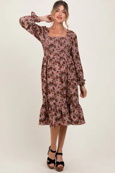 PinkBlush Mauve Rose Smocked Velvet Bow Tie Maternity Midi Dress