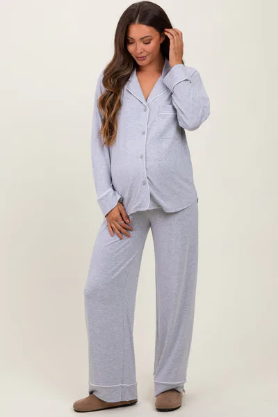 PinkBlush Heather Grey Button Down Top Wide Leg Pant Maternity Pajama Set