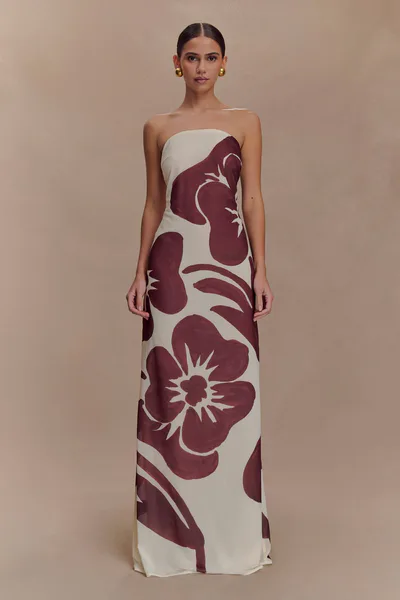 MESHKI Amaya Strapless Chiffon Maxi Dress - Brown Deco Fleur Print