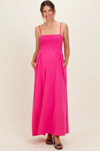 PinkBlush Hot Pink Pom Pom Strap Smocked Maternity Maxi Dress