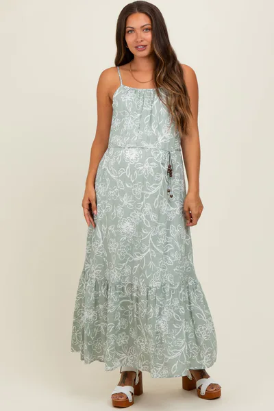 PinkBlush Light Olive Floral Sleeveless Waist Tie Maternity Maxi Dress
