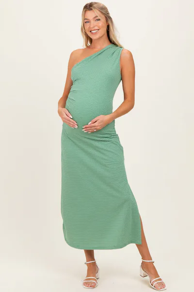 PinkBlush Green Striped One Shoulder Maternity Midi Dress