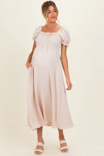 PinkBlush Beige Square Neck Puff Sleeve Maternity Midi Dress