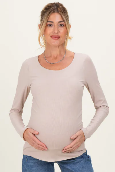 PinkBlush Beige Ribbed Long Sleeve Lettuce Trim Maternity Top