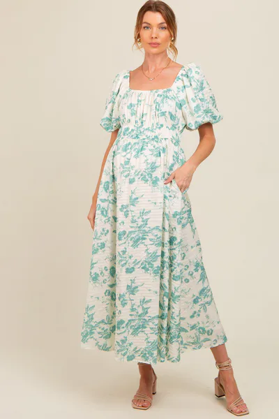 PinkBlush Teal Floral Puff Sleeve Maternity Midi Dress