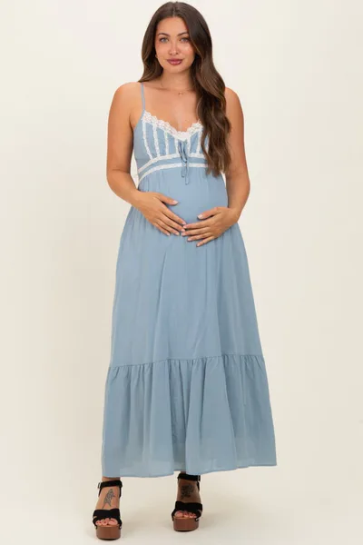 PinkBlush Blue Lace Accent Maternity Maxi Dress