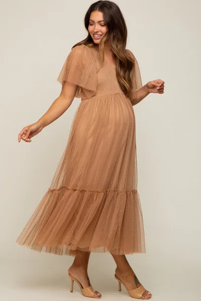 PinkBlush Mocha Dotted Tulle Smocked Maternity Midi Dress