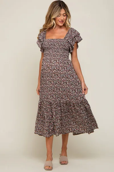PinkBlush Black Floral Flutter Maternity Midi Dress