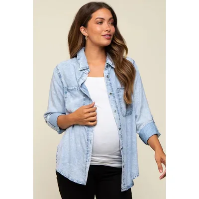 Target Pinkblush Light Blue Chambray Maternity Rolled Cuff Shirt Large