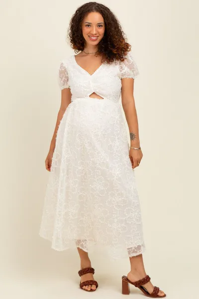 PinkBlush Cream Embroidered Lace Cutout Maternity Midi Dress