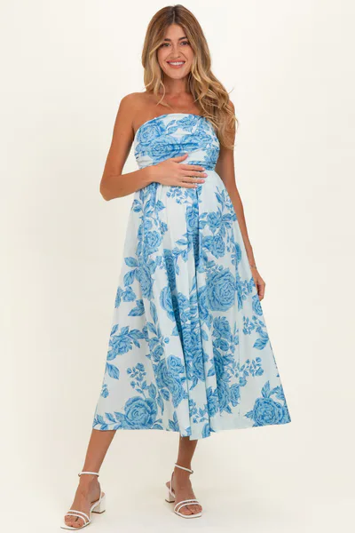 PinkBlush Blue Blossom Print Strapless Maternity Maxi Dress
