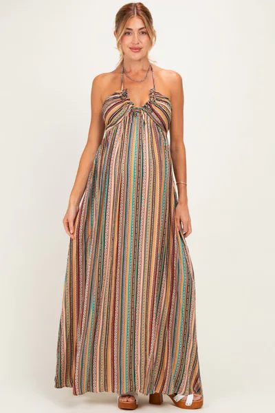 PinkBlush Multicolor Printed V-Neck Halter Maternity Maxi Dress