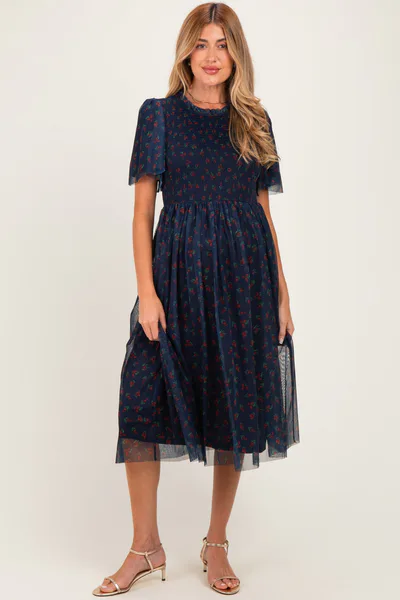 PinkBlush Dark Navy Floral Mesh Smocked Maternity Midi Dress