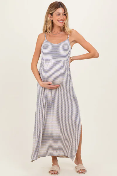 PinkBlush Oatmeal Striped Sleeveless Maternity Maxi Dress