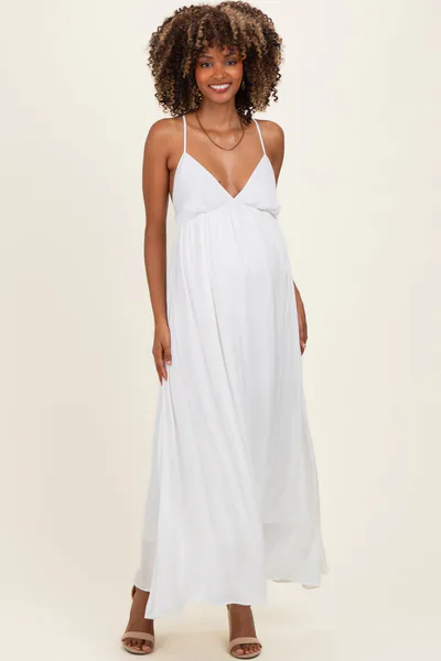 PinkBlush Off White V-Neck Open Back Maternity Maxi Dress