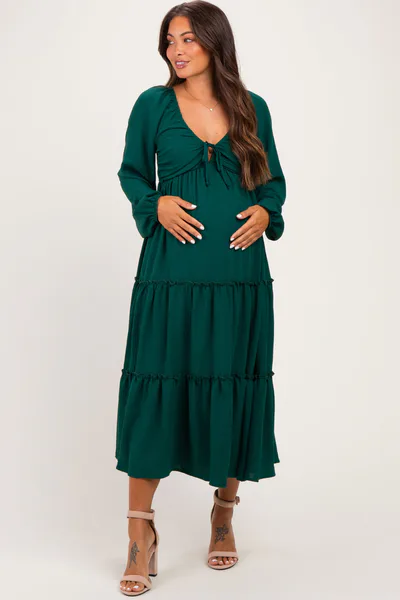 PinkBlush Hunter Green Tiered Long Sleeve V-Neck Maternity Maxi Dress