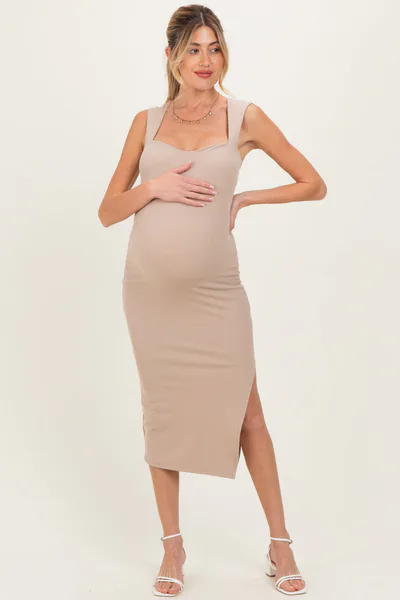 PinkBlush Light Taupe Cutout Fitted Maternity Midi Dress