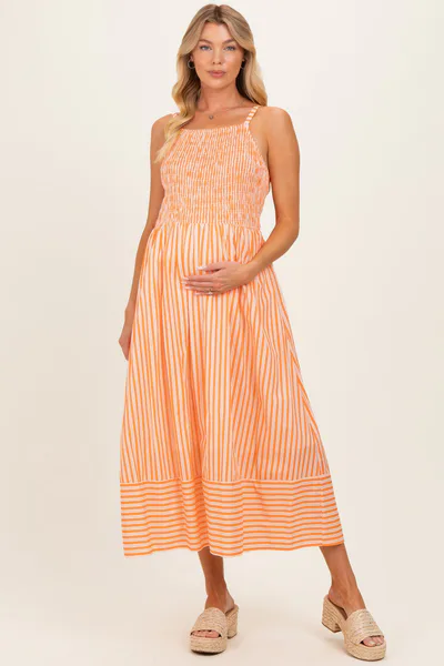PinkBlush Orange Striped Smocked Maternity Midi Dress