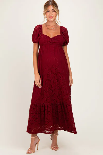 PinkBlush Burgundy Lace Maternity Maxi Dress