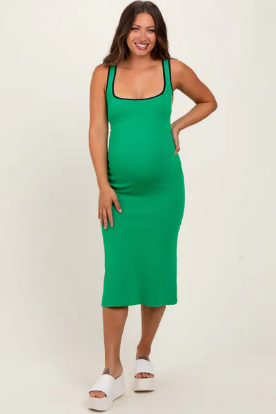 PinkBlush Green Knit Contrast Trim Square Neck Maternity Midi Dress