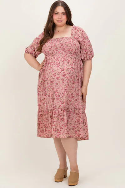 PinkBlush Pink Floral Smocked Maternity Plus Midi Dress