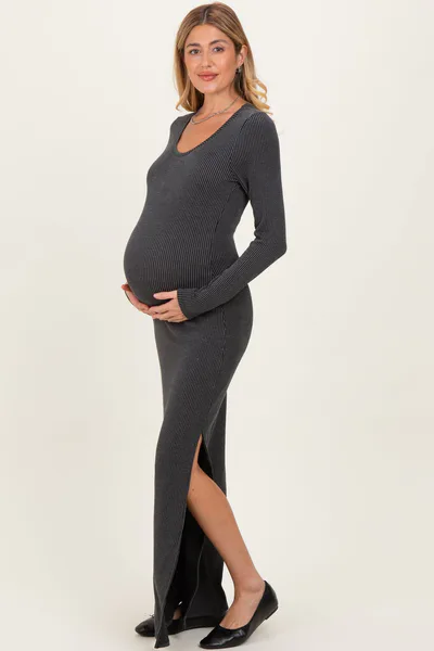 PinkBlush Charcoal Ribbed Long Sleeve Side Slit Maternity Maxi Dress