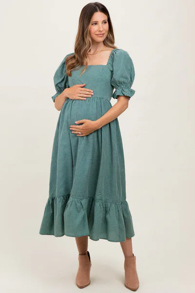 PinkBlush Teal Gingham Square Neck Maternity Midi Dress