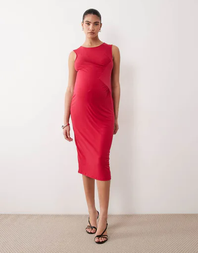 ASOS Mamalicious Maternity sleeveless side ruched detail slinky midi dress in red