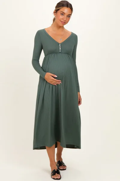 PinkBlush Olive Ribbed Knit Long Sleeve Maternity Maxi Dress