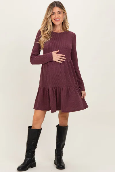 PinkBlush Burgundy Textured Rib Tiered Long Sleeve Maternity Dress