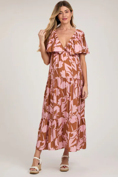PinkBlush Pink Floral Deep V-Neck Ruffle Maternity Midi Dress