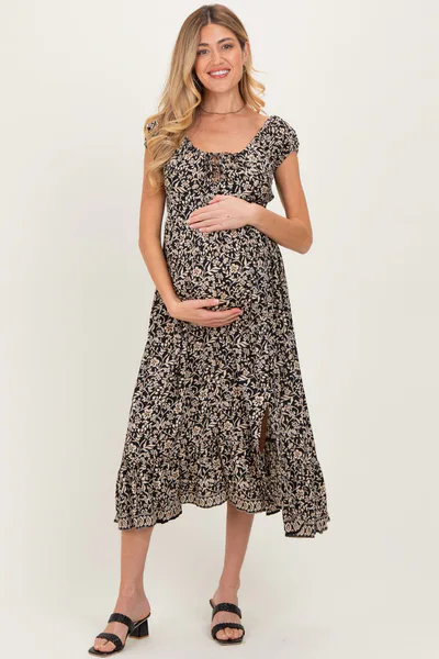 PinkBlush Black Floral Twisted Back Cutout Maternity Midi Dress
