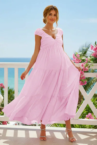 Summer Mae Summer Mae V Neck Maternity Maxi Dress | Pleated Bump Friendly Beach Vacation Dress