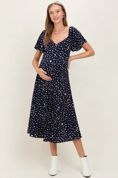 PinkBlush Navy Printed Button Accent Flutter Sleeve Maternity Midi Dress